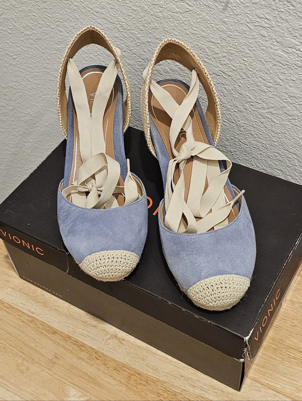 Vionic Maris Blue Suede Espadrille Wedge Sandals Lace Up Womens Size 9
